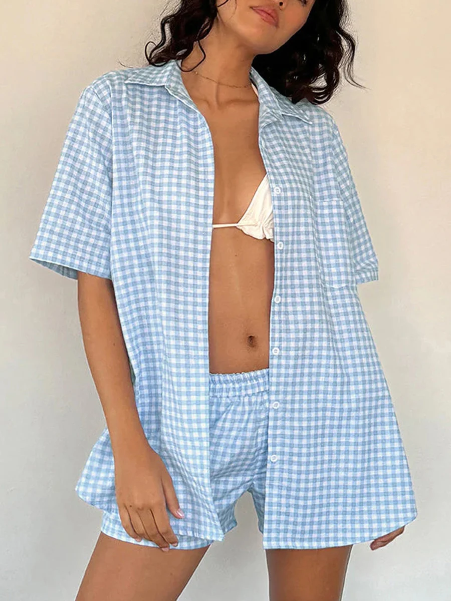 

Женские костюмы для отдыха s Y2K, рубашка с коротким рукавом и пуговицами, шорты с эластичным поясом, комплект из 2 предметов в клетку, Пижама