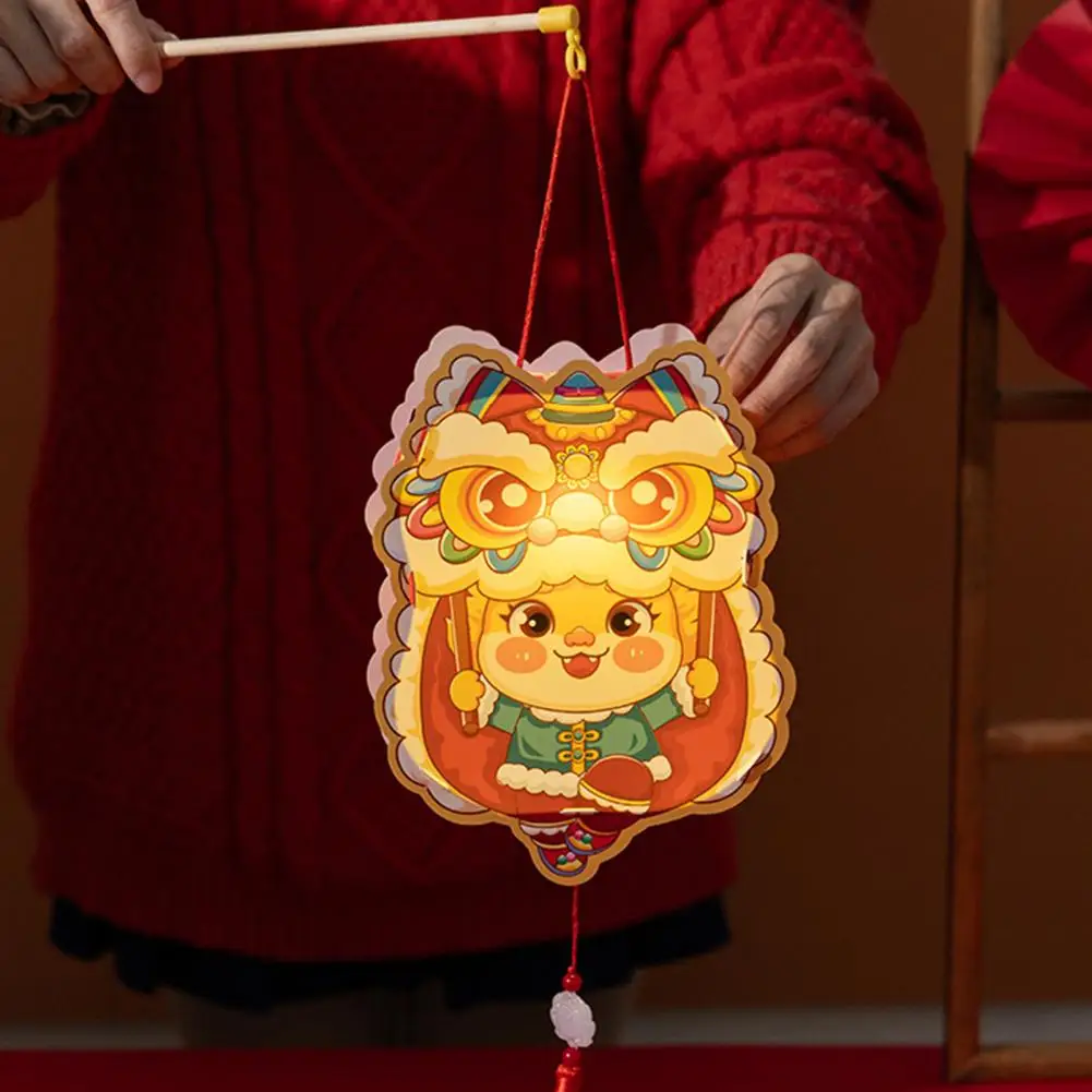 

Wooden Handle Lantern Chinese New Year Diy Handmade Cartoon Dragon Lantern Material Kit for Kids with Wood Pole Tassels Spring