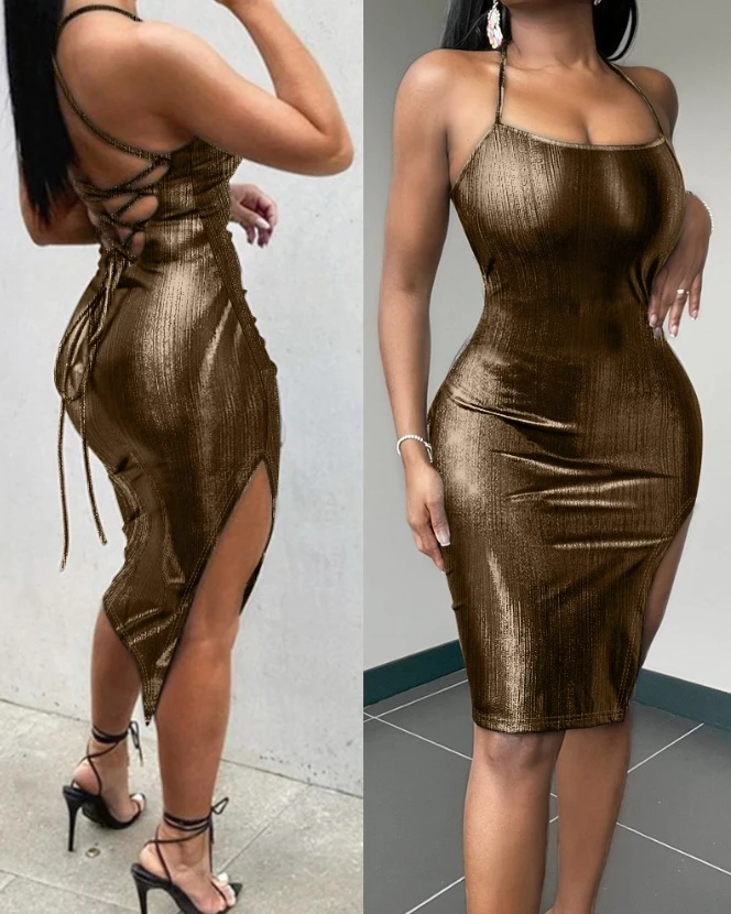 

Metallic Dresses for Women 2024 Fashion Night Out Sexy Sleeveless Scoop Neck Backless Slit Bodycon Sexy Dress Ladies for Party