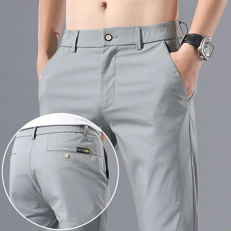 

Men's Slim Fit Ice Silk Chinos and Khkis Trousers, Trendy High-End Stretch Business Casual Pants, Spring and Summer, New, 2023