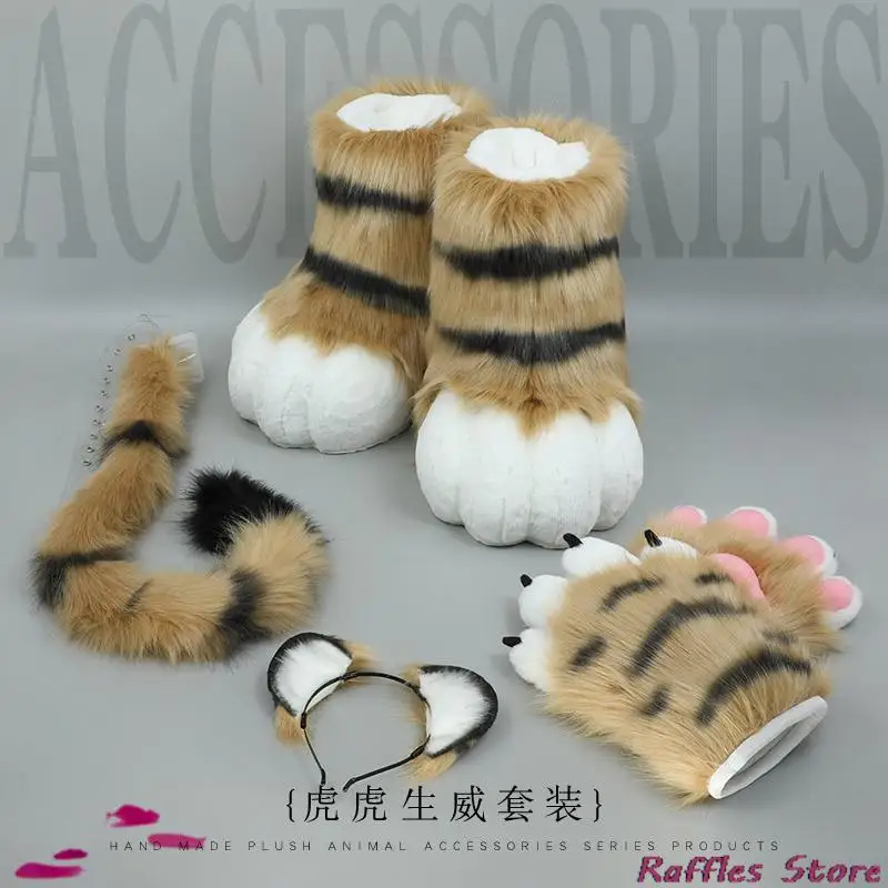 

Unisex Cosplay Tiger Gloves Cartoon Animal Paw Shape Plush Slipper Boots Halloween Mittens Furry Cuffs Gloves Carnival Party