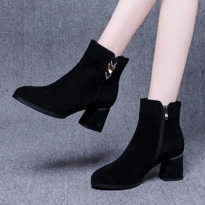 

FHANCHU 2022 New Flock Ankle Boots,Fashion Women's Winter Shoes,High Heeled Short Botas,Side Zip,Round Toe,Black,Dropship