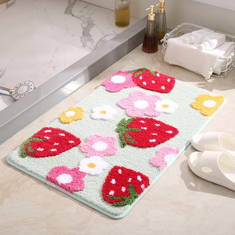 

Girls Heart Absorbent Floor Mat Cute Strawberry Flocking Bathroom Mat Plush Entrance Door Mat Non-slip Foot Mat