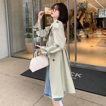 2023 New Fashion Woman Trench Windbreaker with Belt Bean Green Pockets High Street Chic Long Autumn Jacket Female Outwear