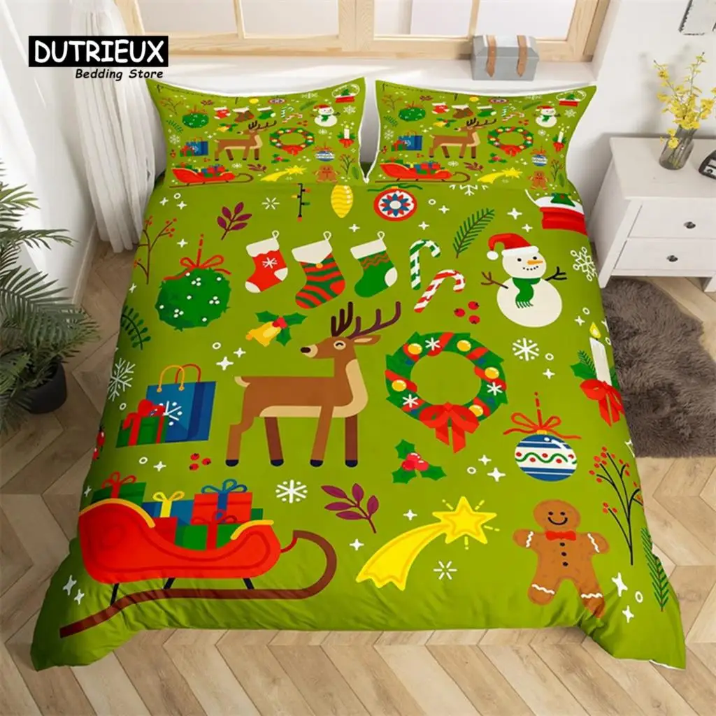 

Christmas Duvet Cover Cartoon Snowman Deer Reindeer Bedding Set Twin Size Microfiber Cute Gingerbread Stocking Comforter Cover