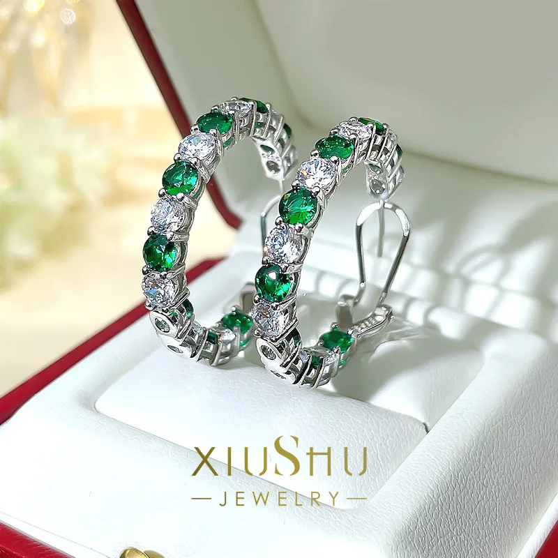 

Fashionable and personalized green row diamond earrings 925 silver new trendy and high-end wedding feeling