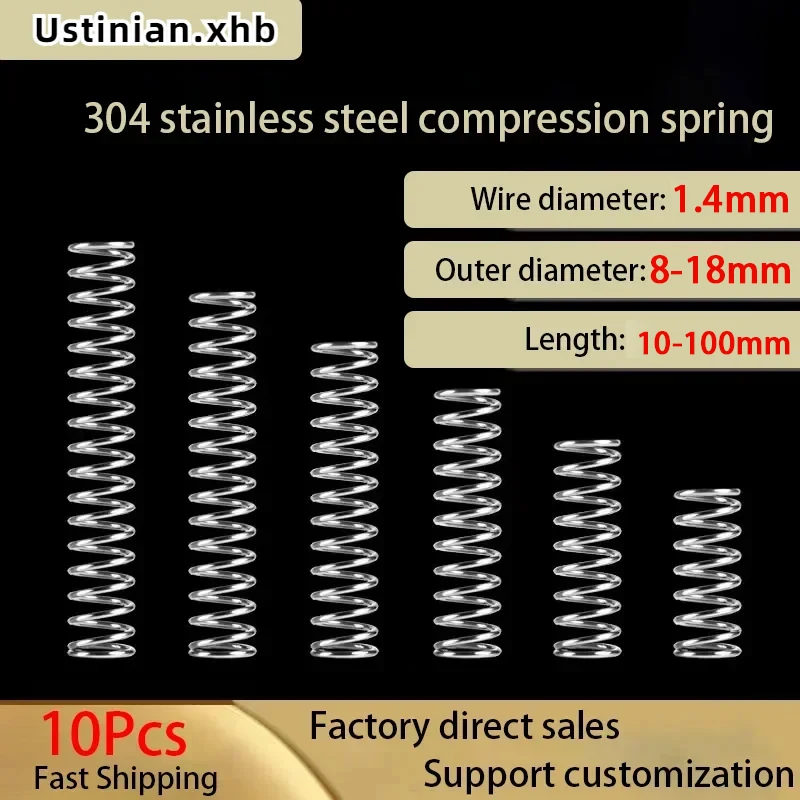 

304 Stainless Steel Spiral Return Compression Spring, Wire Diameter: 1.4mm, Outer Diameter: 8-18mm, Length: 10-100mm, 10Pcs