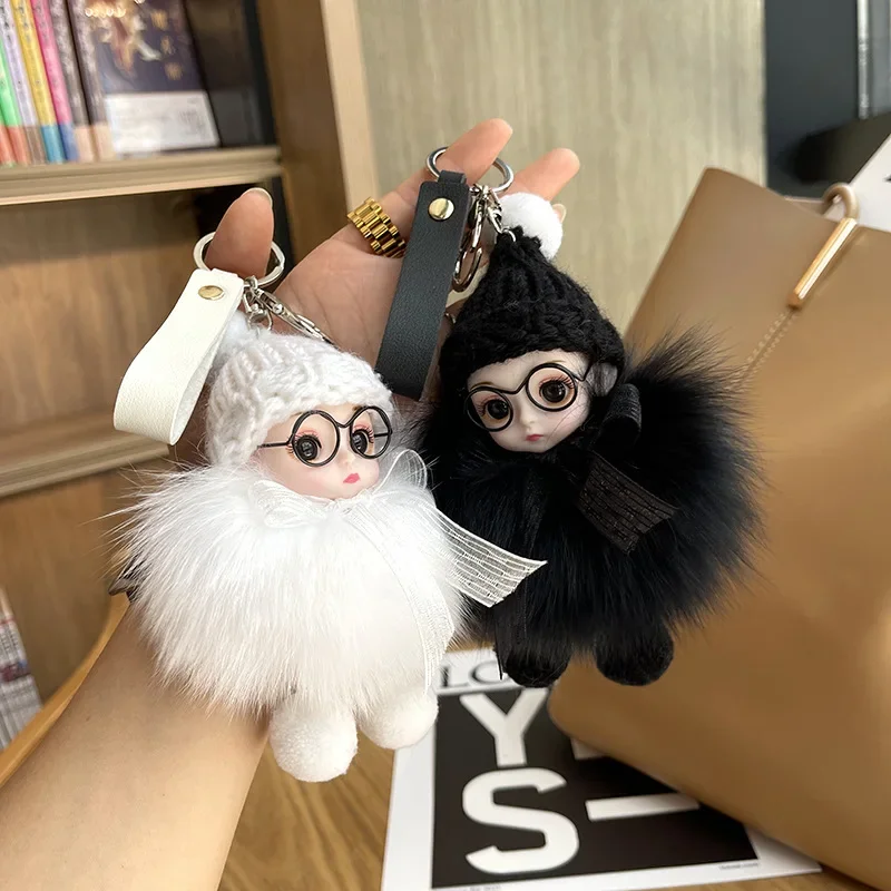 

Real Fox Fur Pompom Sleeping Doll Bag Charm Keychain Cute Fluffy Plush Doll Keychains Women Girl Bags Keyrings Car Key Ring Gift