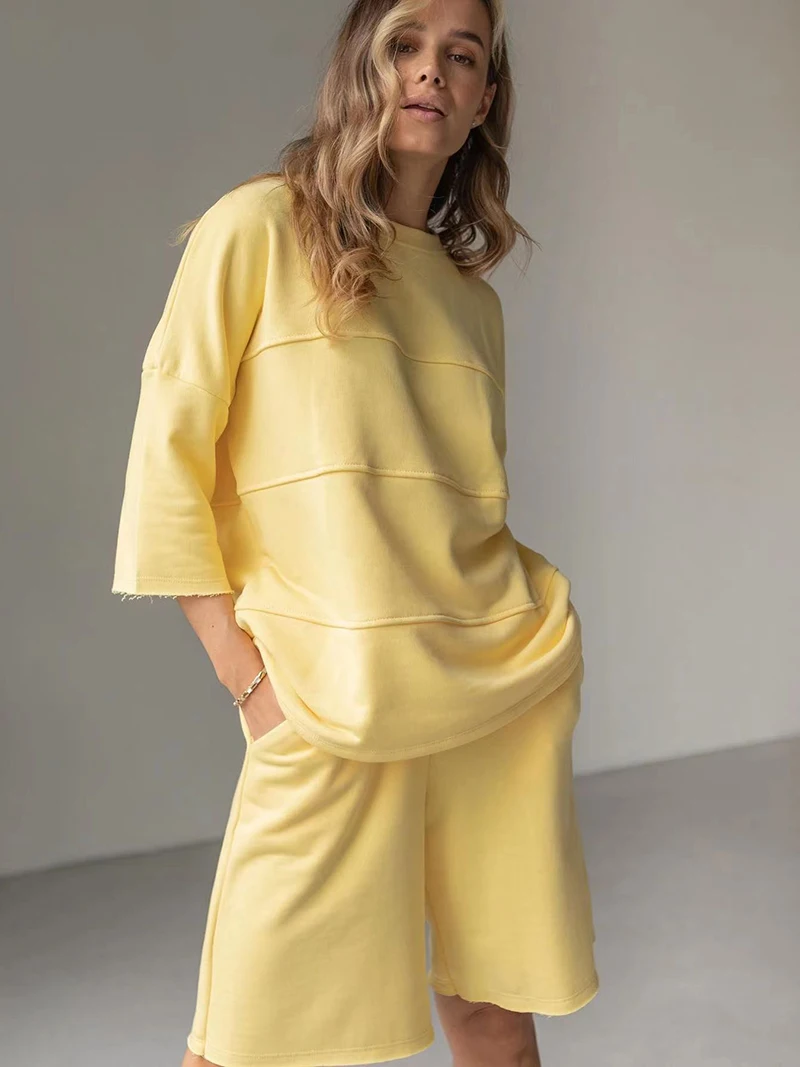 Bornladies Sommer 100% Baumwolle Sets Frauen Casual Zwei Stücke Halbe Hülse Patchwork T Shirts & Hohe Taille Shorts Outfits Trainingsanzug Bornladies Sommer 100% Baumwolle Sets Frauen Casual Zwei Stücke Halbe Hülse Patchwork T Shirts & Hohe Taille Shorts Outfits Trainingsanzug