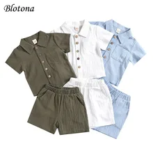 Blotona 2Pcs Little Boys Outfit, Toddlers Summer Solid Color Lapel Short Sleeve Single-breasted Shirt Tops +Elastic Waist Shorts