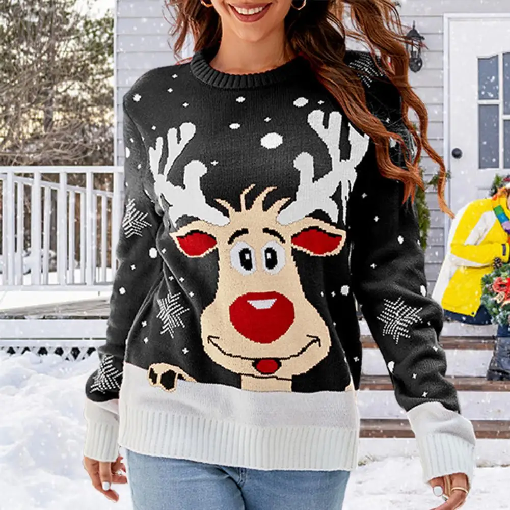 

Christmas Loose Oversized Knitted Sweater Pullover Female Casual Knitwear Soft Xmas Tree Snowflake Jacquard Print Knitting Tops
