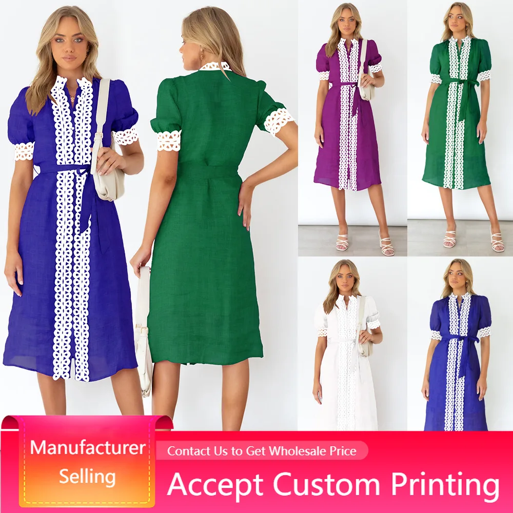 Women Casual Dress Short Sleeve Lace Contrast Single Breasted Temperament Lace Up Commuter Long Dress Summer Midi Slim Dress
Women Casual Dress Short Sleeve Lace Contrast Single Breasted Temperament Lace Up Commuter Long Dress Summer Midi Slim Dress