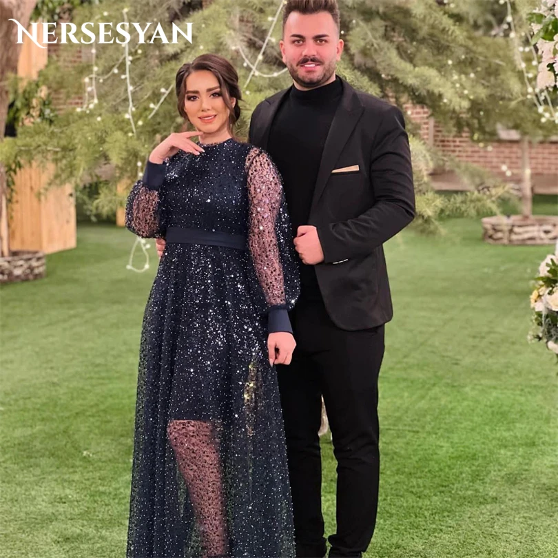 

Nersesyan Black Glitter Sequins Tulle Formal Evening Gowns Long Puff Sleeves Party Dresses Graduation A Line Draped Prom Dress