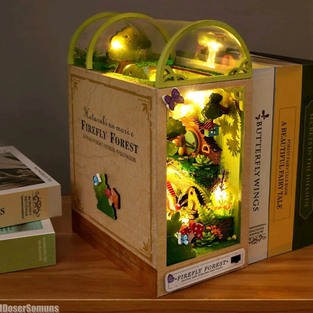 

DIY Book Nook Kit 3D Wooden Puzzle Bookshelf Insert Decor with LED Light Mini Dollhouse Model Kit Bookend Desktop Ornament