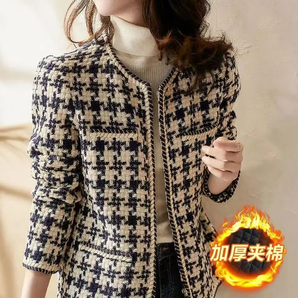

Женская твидовая куртка, Корейская версия, твидовое короткое пальто с рисунком «гусиные лапки», женский модный офисный Топ, Chaquetas