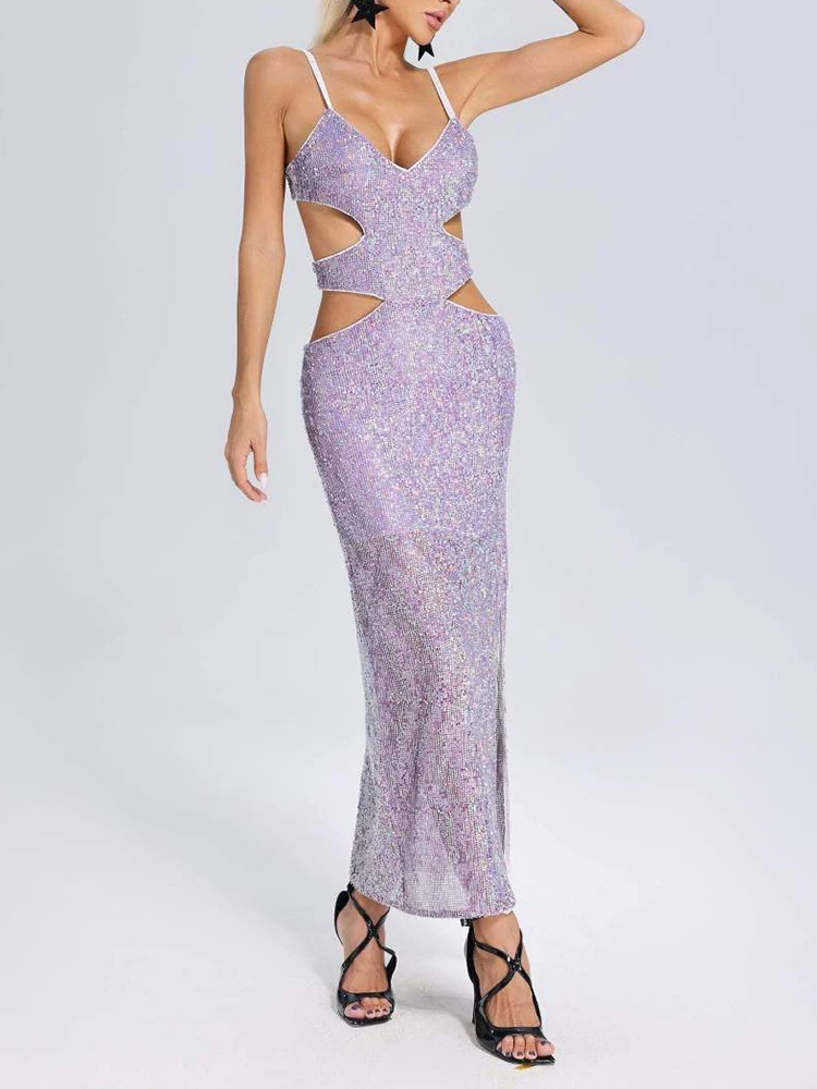 

Sexy Spaghetti Strap Hollow Out Sequin Long Slim Dresses Women Lavender Sleeveless Backless Slit Slim Dresses Celebrity Club