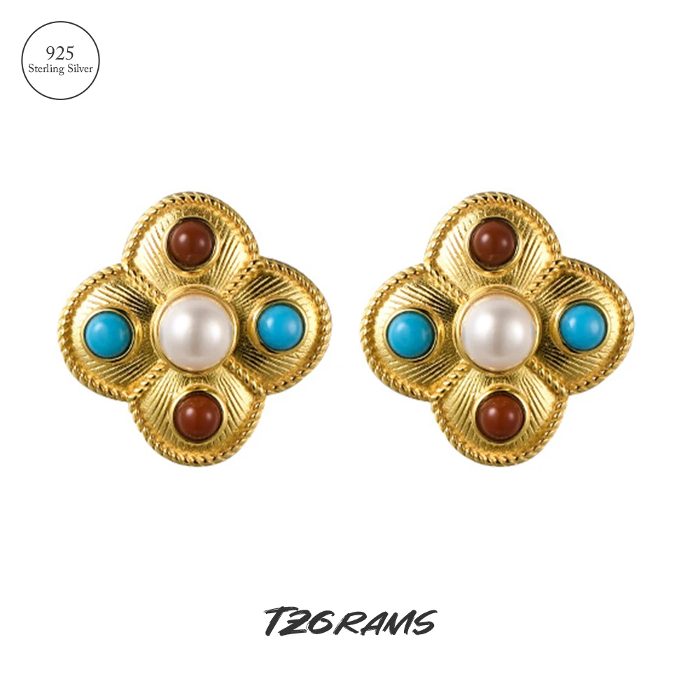 

TZgram Real 925 Silver Gold Large Floral Stud Earrings Natural Freshwater Pearl Agate Turquoise Four Leaf Clover Vintage Jewelry