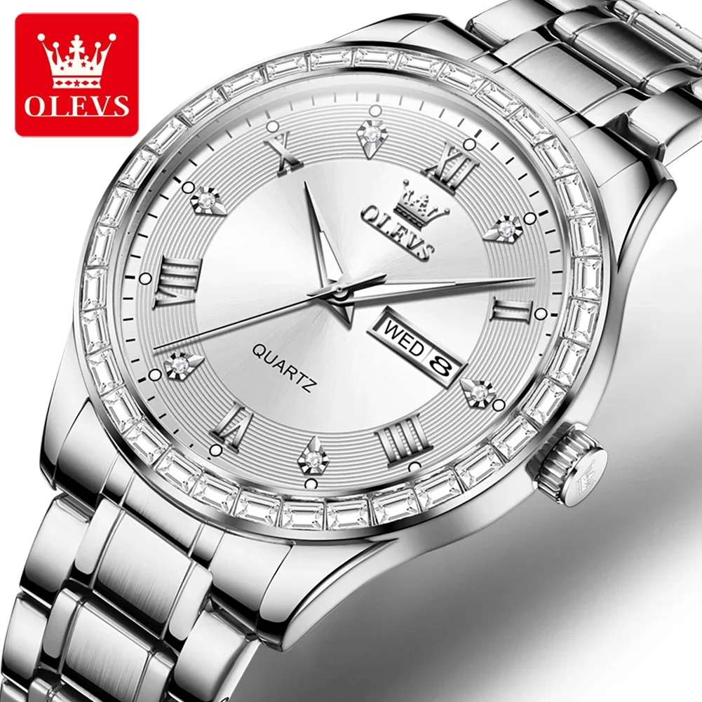 

OLEVS 9906 Roman Scale Quartz Watch For Men Diamond Luxury Dual Calendar Man Wristwatch Waterproof Stainless Steel Watches Gift