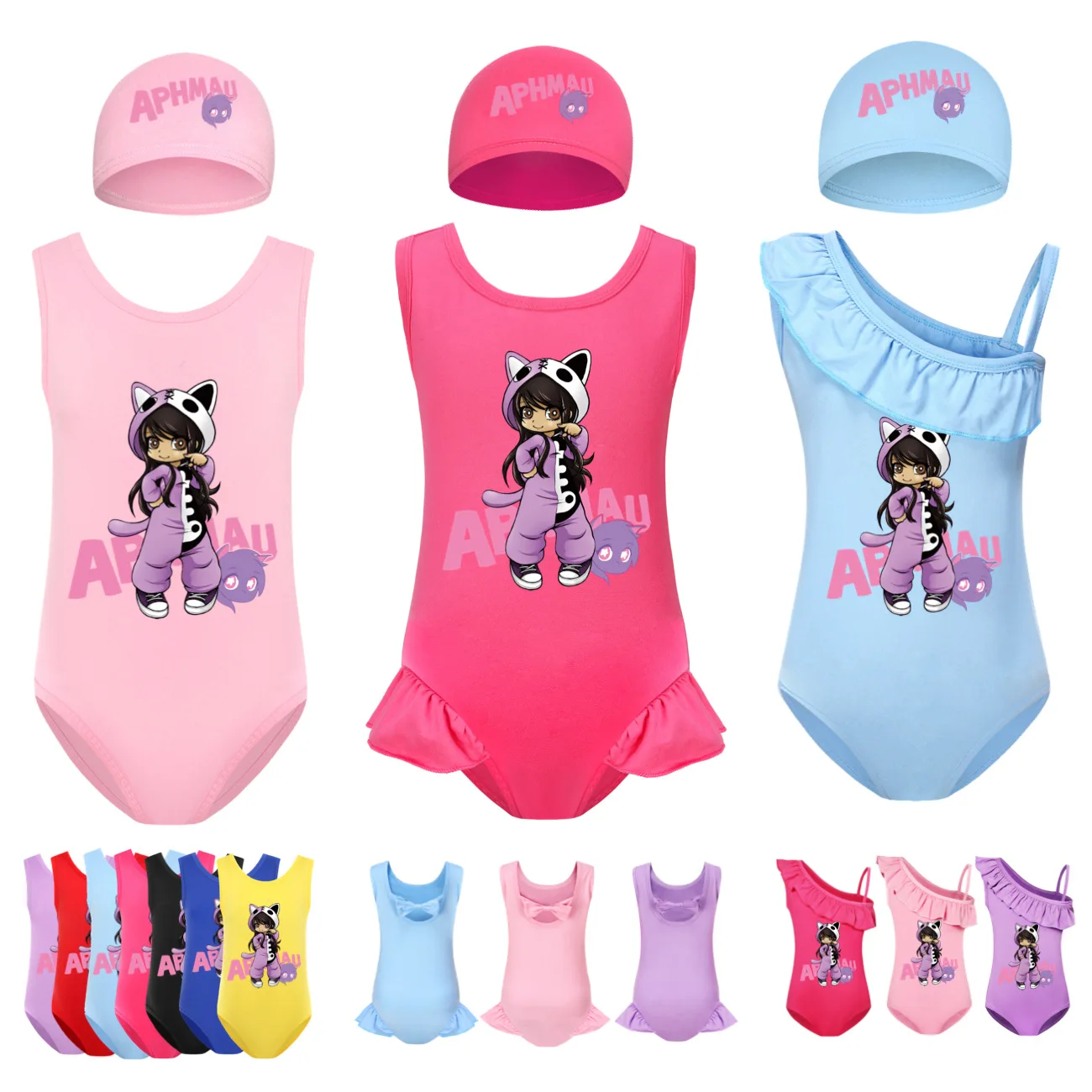 

Детский слитный купальник с котом APHMAU, одежда для плавания, детские купальники Аарон для девочек, детские купальные костюмы, полноразмерные купальники для девочек с шапочкой