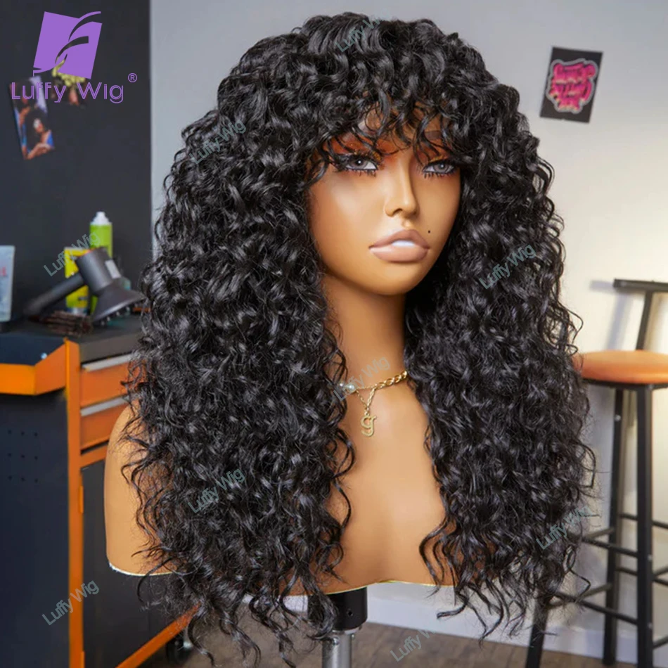 

Kinky Curly Bang Wig Human Hair Wigs With Bangs Remy Brazilian Machine Scalp Top Wig 200 Density Glueless For Women Luffywig