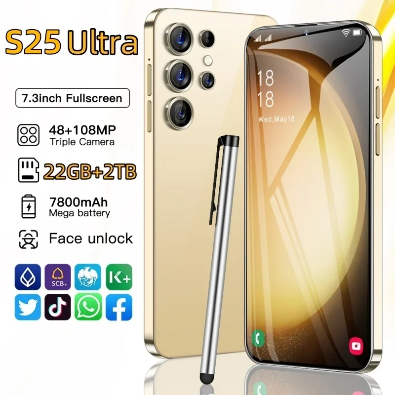 

Мобильные телефоны S25 Ultra 7,3 HD экран смартфон оригинальный 22G + 2T телефон на две Sim-карты Android разблокированный 7800 МП мАч S24 Ultra