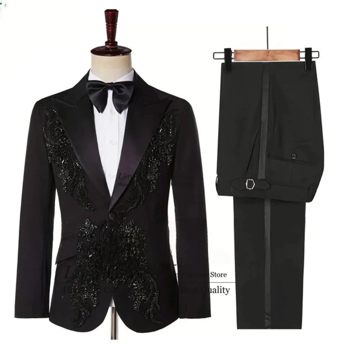

Glitter Applique Beaded Mens Suits Slim Fit Groom Wedding Tuxedos 2 Pieces Sets Bridegroom Prom Blazers Fashion trajes de hombre