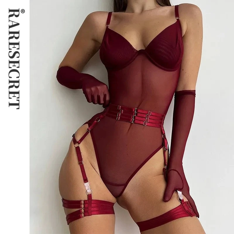 

Sex Tight Fitting Lace Bodysuit Sexy See Through Jumpsuits Burgundy Gloves Garter Night Club Outfit Sissy Crotchless Sheer Top