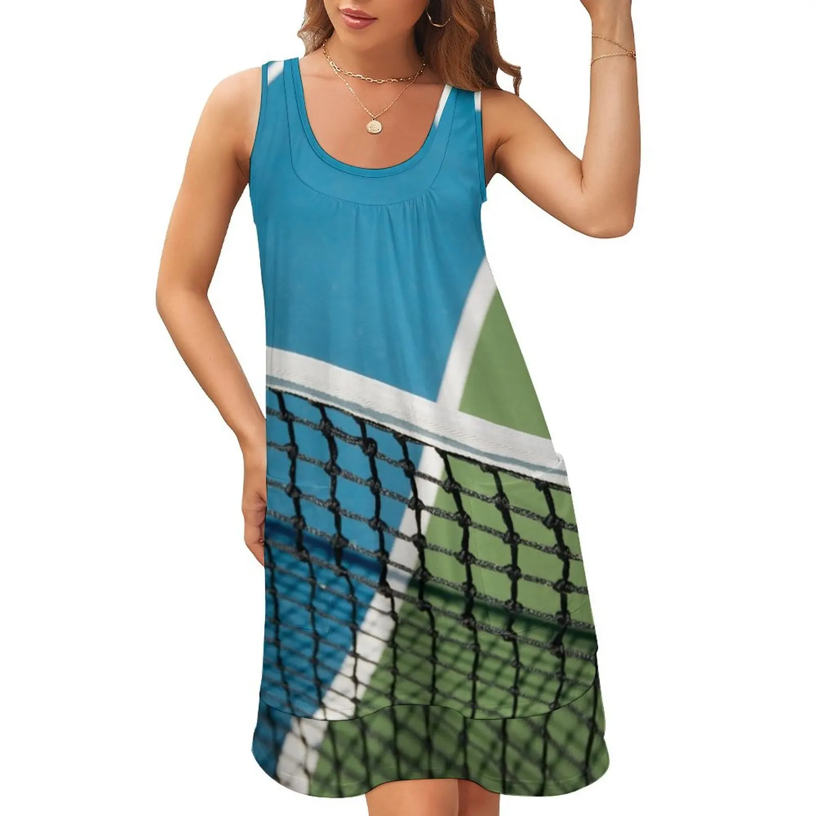 Blue Green Tennis Court Sleeveless U-Neck Fake Two Piece Dress Summer skirt Women's summer long dress loose women's dress
Blue Green Tennis Court Sleeveless U-Neck Fake Two Piece Dress Summer skirt Women's summer long dress loose women's dress