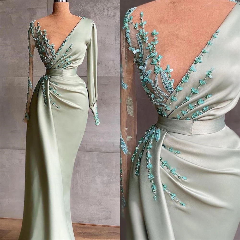 

Saudi Arabia Prom Dress Evening Satin Draped Pleat Applique Cocktail Party Sheath V-Neck Bespoke Occasion Gown Long Dresses