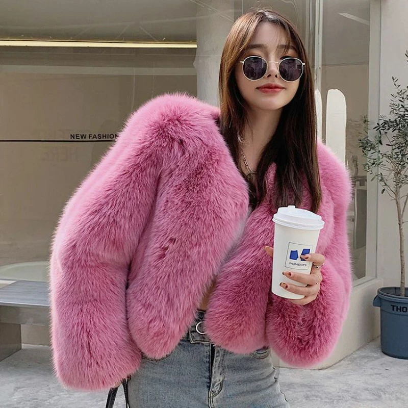 

Winter Woman Faux Fox Fur Fluffy Coat Short Warm Teddy Bomber Jacket Imitation Mink Fur Flocking Cardigan Furry Parka Casacos