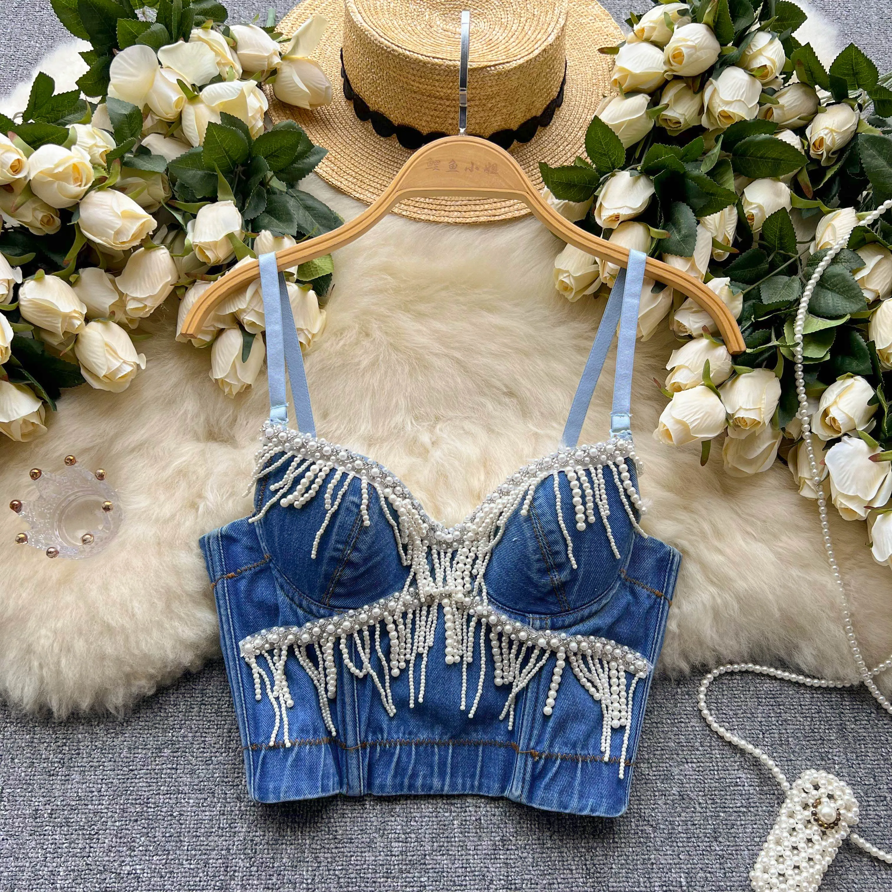 

Women's Summer V-Neck Beading Camis Denim Splicing Chic Diamond Insert Tank Tops Tassel Slash Neck Chic Tank Tops With Chest Pad