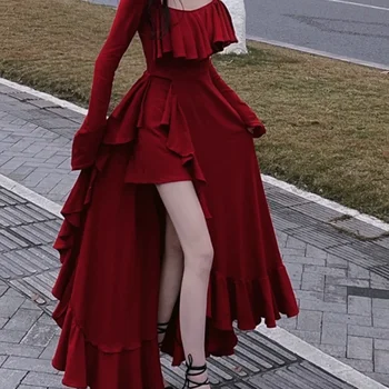 Vestido de Verão Feminino Elegante com Rendas Ocas e Babados 10 Autumn Red Vintage Elegant Dress Women Flare Sleeve Designer Sweet Long Dress Female Ruffles Retro Princess Irregular Dress 2024