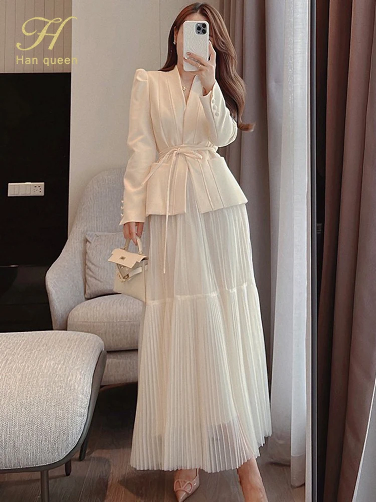 H Han Queen Autumn New Skirt Suit Women Elegant Korean Lace-Up Fashion Blazer + Long Mesh Skirt Casual Evening Party 2-Piece Set
H Han Queen Autumn New Skirt Suit Women Elegant Korean Lace-Up Fashion Blazer + Long Mesh Skirt Casual Evening Party 2-Piece Set