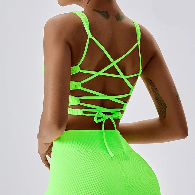 

CUTIES Seamless Open Back Ribbed Sports Bra Women Crisscross Neon Gym Fitness Crop Top 2023 Athletic Longline Yoga Workout Top