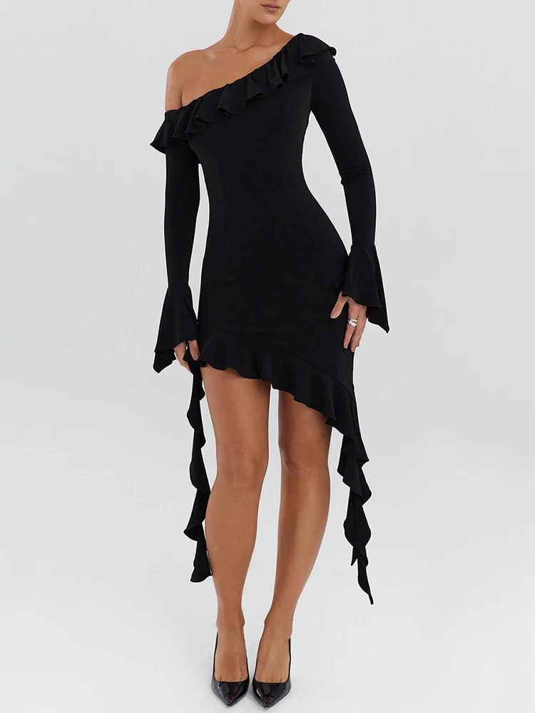 Mozision Elegant Diagonal Collar Ruffled Sexy Mini Dress For Women Fashion Long Flare Sleeve Backless Bodycon Club Party Dress
Mozision Elegant Diagonal Collar Ruffled Sexy Mini Dress For Women Fashion Long Flare Sleeve Backless Bodycon Club Party Dress