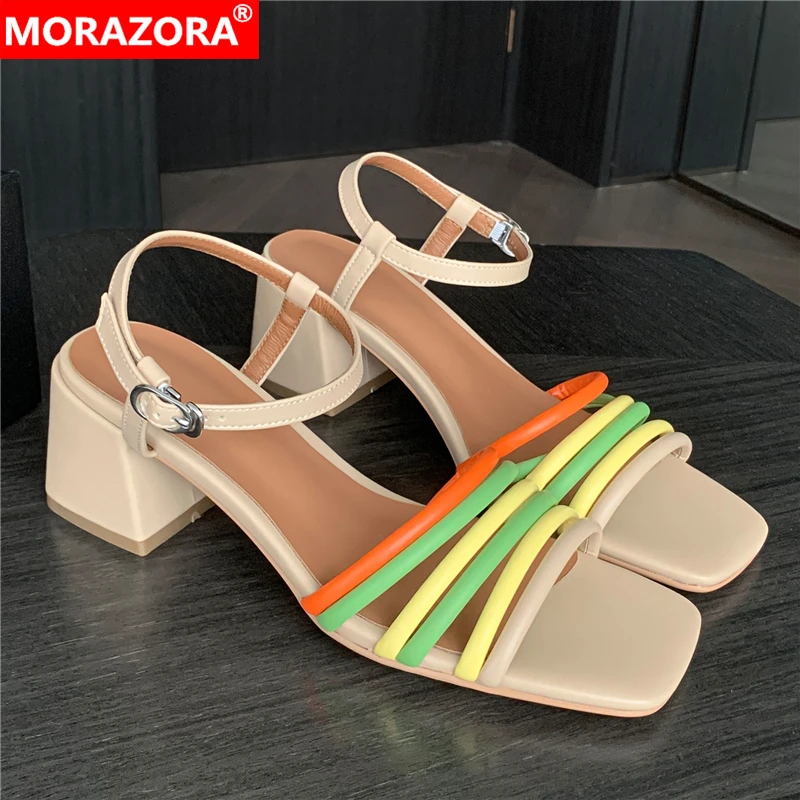 

MORAZORA 2024 New Mixed Color Women Sandals Square High Heels Summer Shoes Leather Fashion Ladies Party Dress Shoes