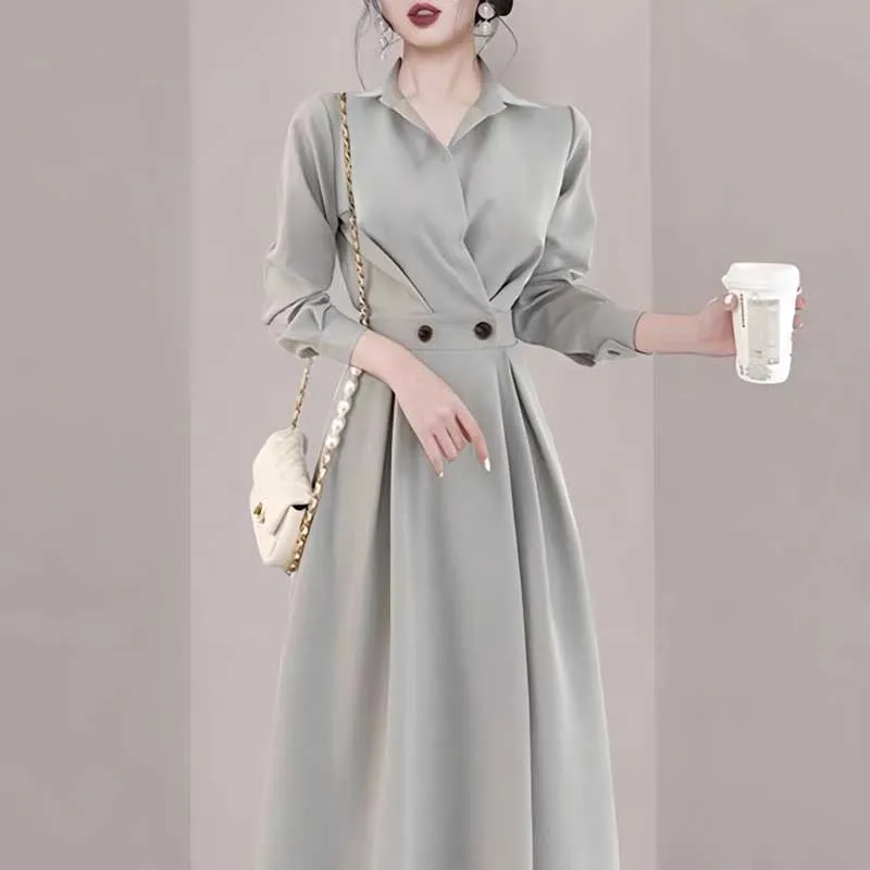 

Elegant Lapel Button Solid Color Spliced Folds Midi Dress Women's Clothing 2024 Spring New Loose Office Lady Ladies Dresses