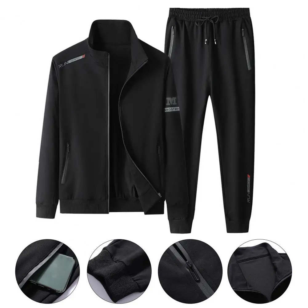 

Костюм спортивный мужской с карманами на молнии для мужчин среднего возраста, теплый пиджак с воротником-стойкой и брюки с эластичным поясом и карманами