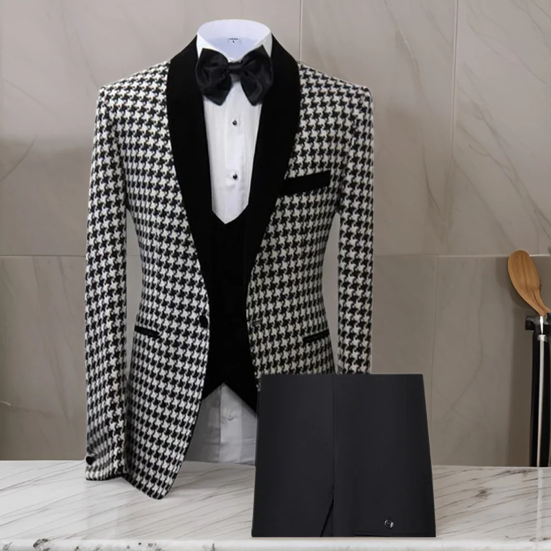 

Check Suits for Men Slim Fit Casual Houndstooth Blazer with Vest Pants 3 Piece African Set Groom Tuxedo Wedding Fashion 2024