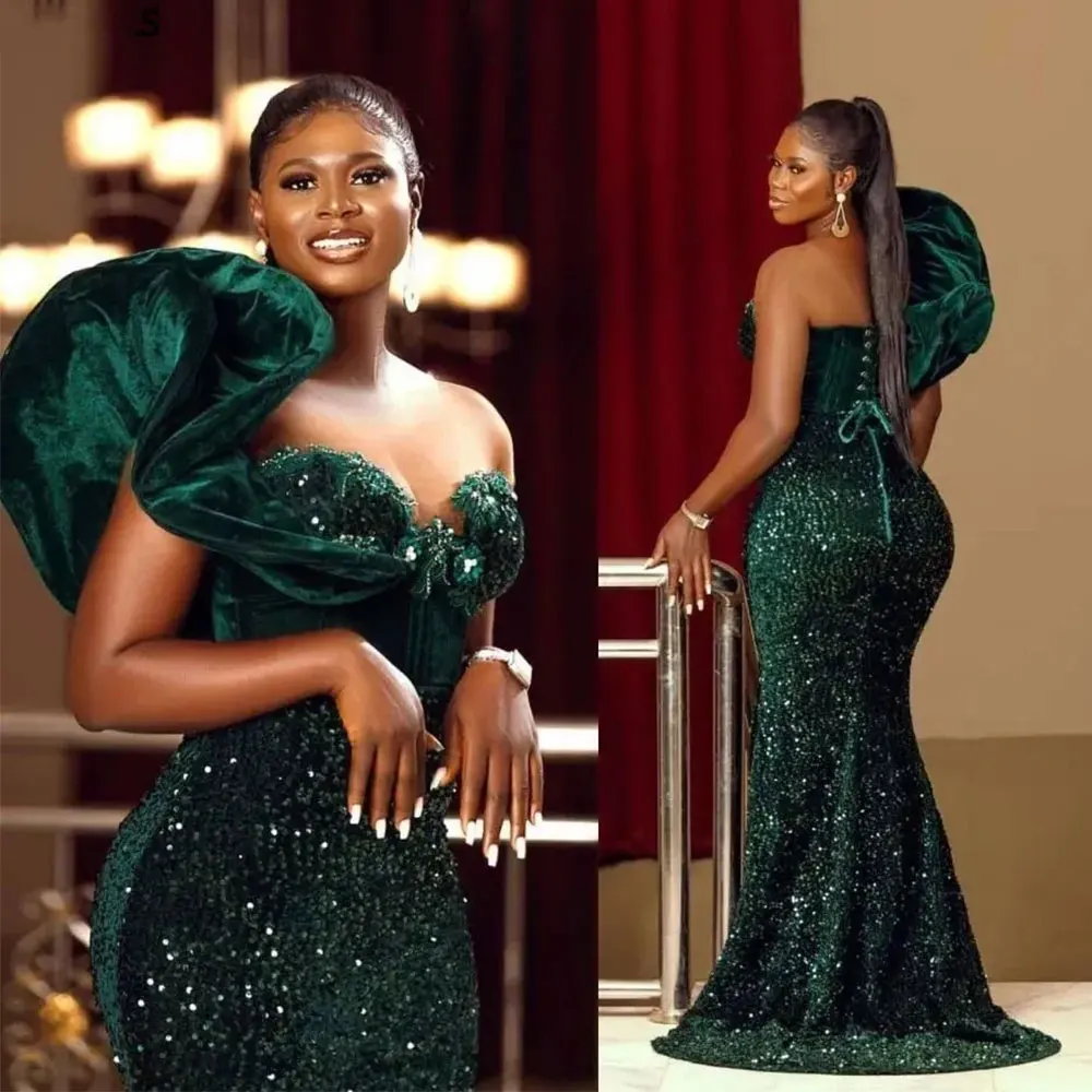 

African Dark Green Sequined Prom Gowns Women Sexy One Shoulder Ruched Mermaid Evening Dresses Sweep Train Second Reception Robes