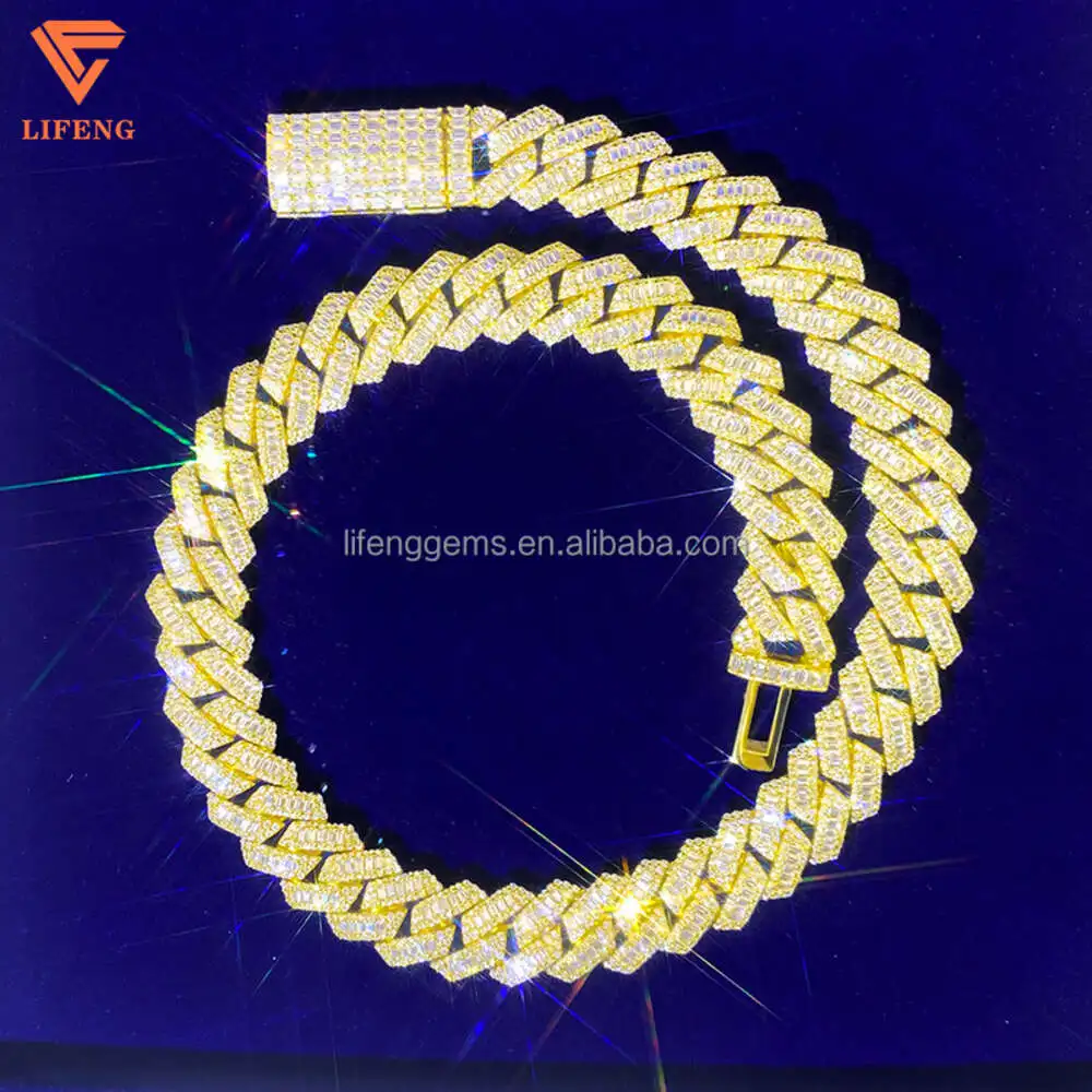 

15mm Iced Out Vvs Moissanite Diamond Yellow Gold Plated Cuban Link Chain Pass Diamond Test Hiphop Men's Miami Cuban Necklace