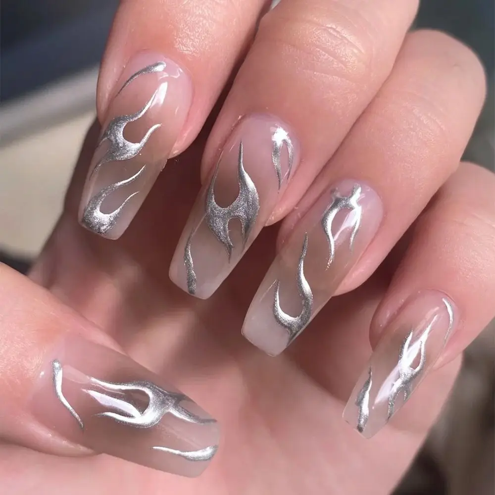 24Pcs Charming Silver Flame Fake Nails Detachable Long Coffin French Ballerina Fake Nails Full Cover Nail Tips Press On Nails
24Pcs Charming Silver Flame Fake Nails Detachable Long Coffin French Ballerina Fake Nails Full Cover Nail Tips Press On Nails