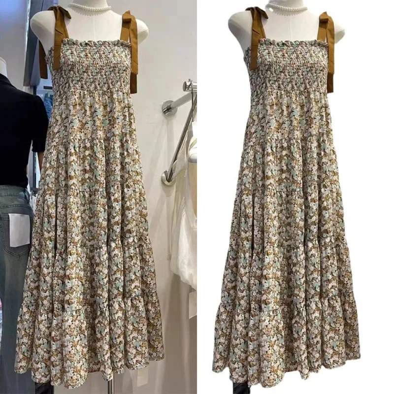 

French Floral Sleeveless Dress 2024 Summer New Women's Pleated Strapless Dress A-line Vacation Commute High Waisted Long Skirt