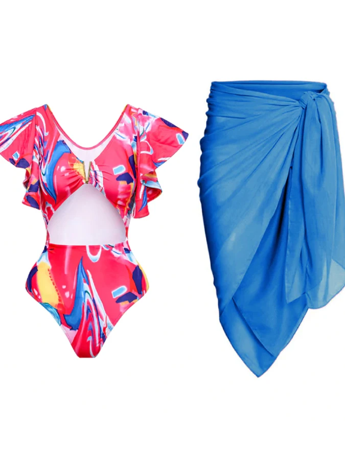 Red And Blue Fashion Pattern Print Waist Hollowout Features A Deep V Ruffled One-piece Swimsuit And A Blue Tie Up Cover Up 2023
Red And Blue Fashion Pattern Print Waist Hollowout Features A Deep V Ruffled One-piece Swimsuit And A Blue Tie Up Cover Up 2023