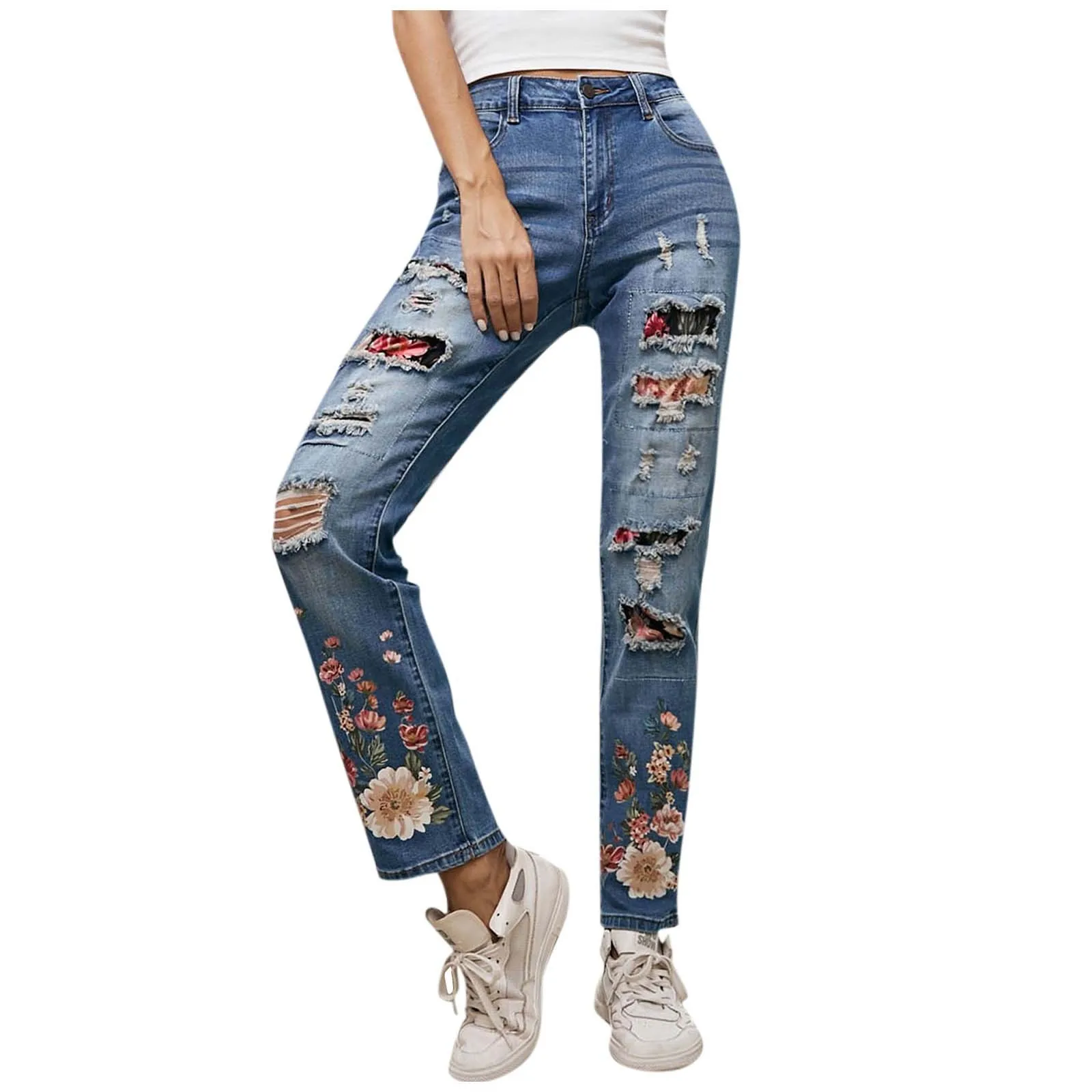 Straight Leg Jeans Women'S Ripped Jeans Boyfriend Style Distressed Stretch Denim Trousers Fashion Flower Patchwork Jeans
Straight Leg Jeans Women'S Ripped Jeans Boyfriend Style Distressed Stretch Denim Trousers Fashion Flower Patchwork Jeans