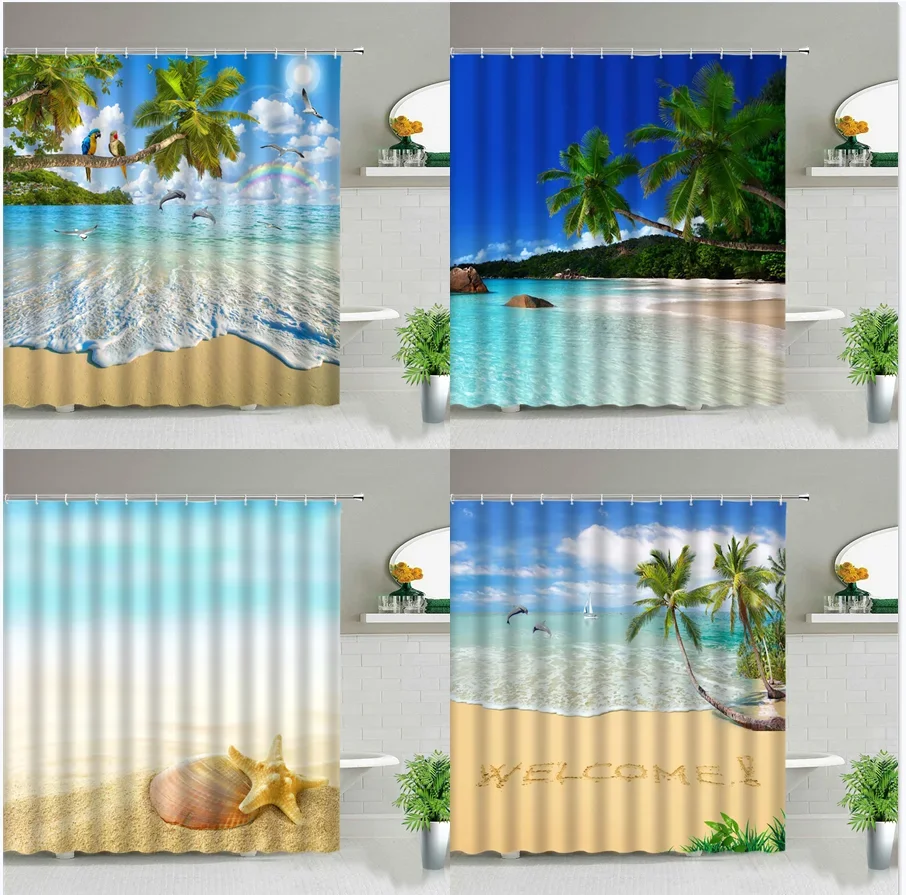 

Sunny Beach Dolphin Parrot Shower Curtains Natural Landscape Ocean Scenery Bath Curtain Waterproof Bathroom Decor With Hooks