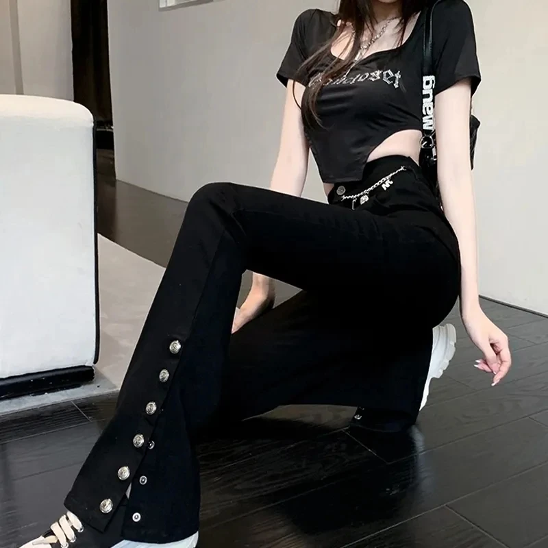 

Женские широкие брюки с завышенной талией, черные винтажные Брюки-клеш с широкими штанинами, однотонные облегающие повседневные брюки с разрезом, осень 2023
