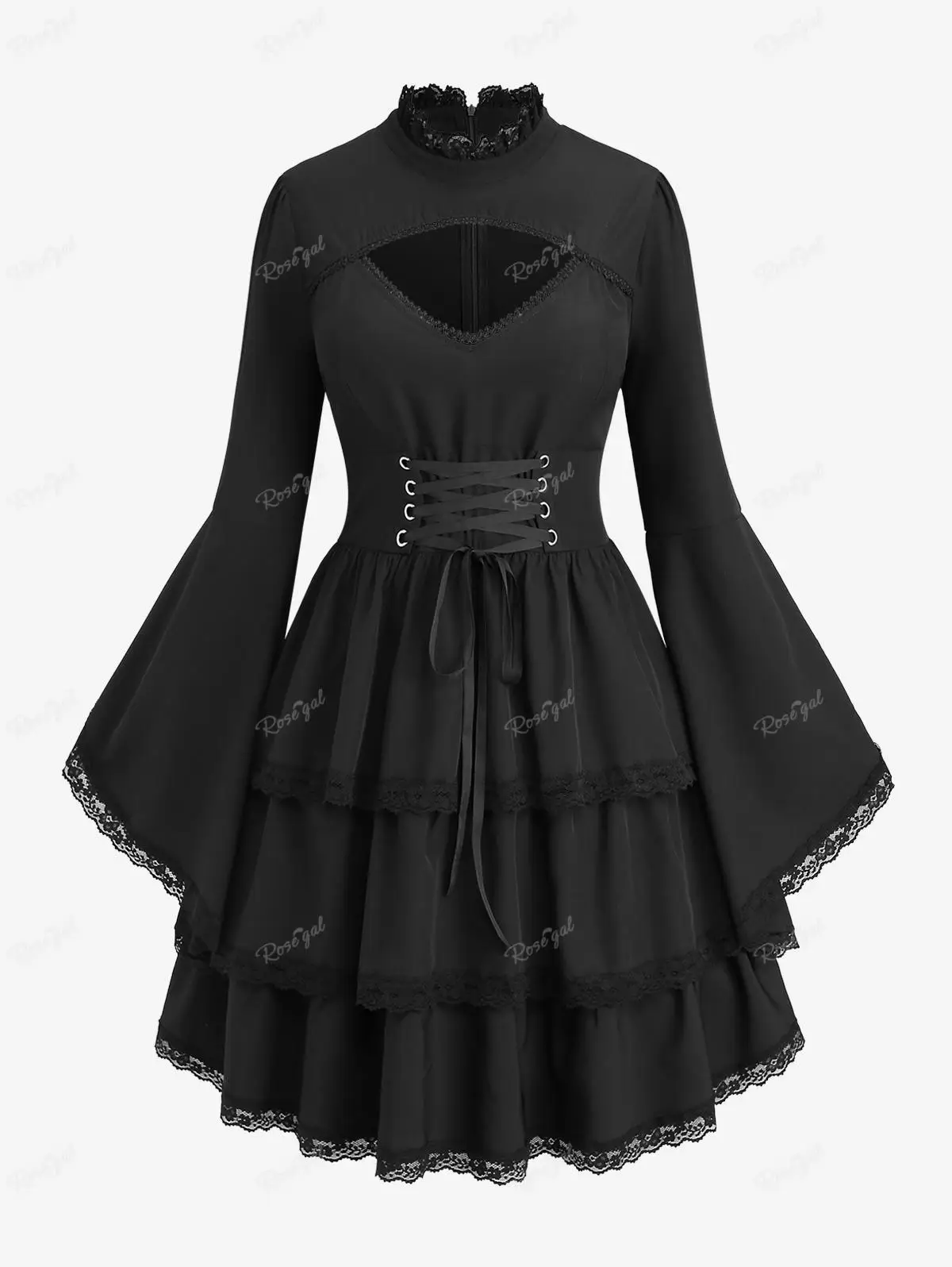 

ROSEGAL New Gothic Plus Size Dresses Lace-up Layered Floral Lace Trim Cutout Flare Sleeves Dress Black Ruffles Knee-Length Robe