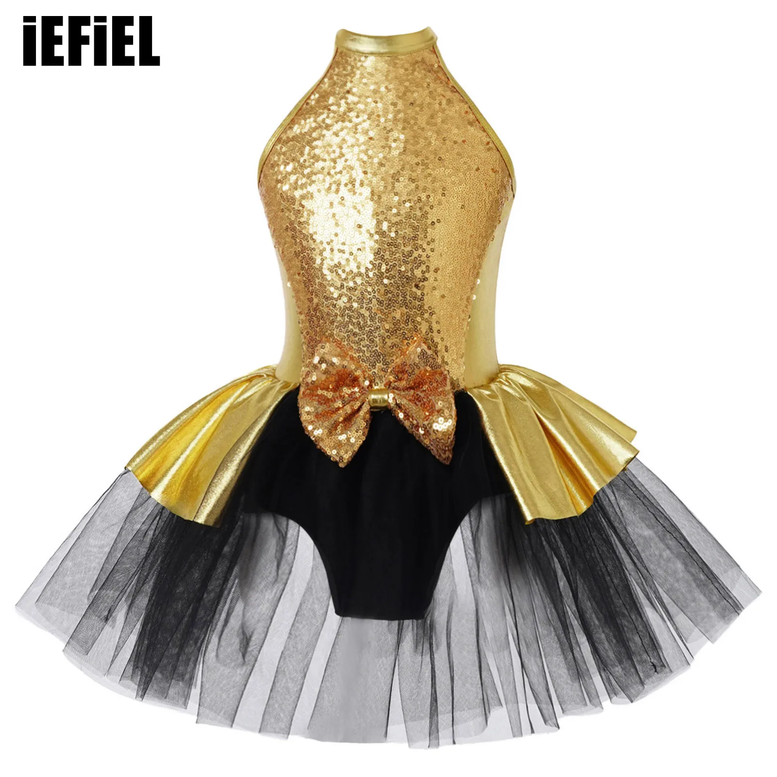 

Kids Girls Sequins Bowknot Decorated Dress Sleeveless Round Neckline Sparkling Straps Hollow Back Tutu Mesh Dance Dress