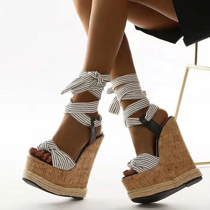 

White Striped Wooden Rope Braided Wedged Heel Sandals Sky High Platform Patchwork Summer Party Shoes Open Toe Lace Up Pumps